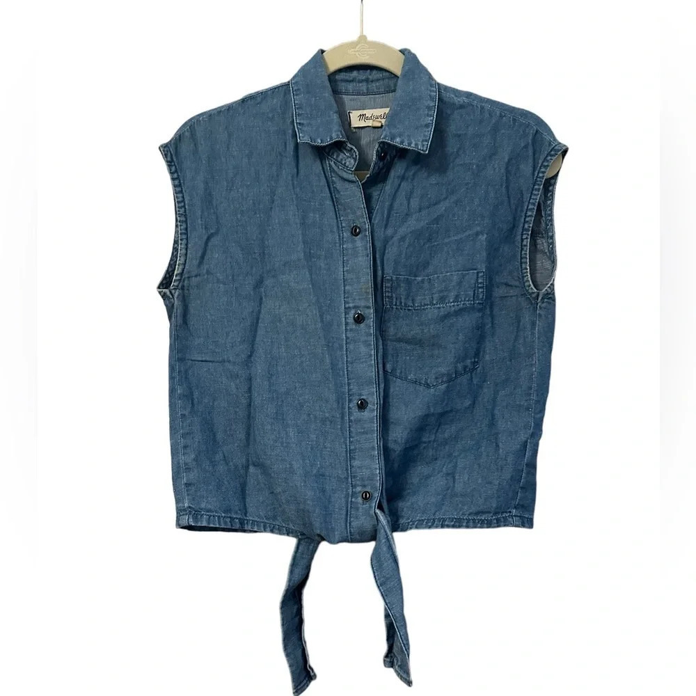 MADEWELL DENIM SLEEVELESS TIE FRONT TOP - Picture 2 of 6